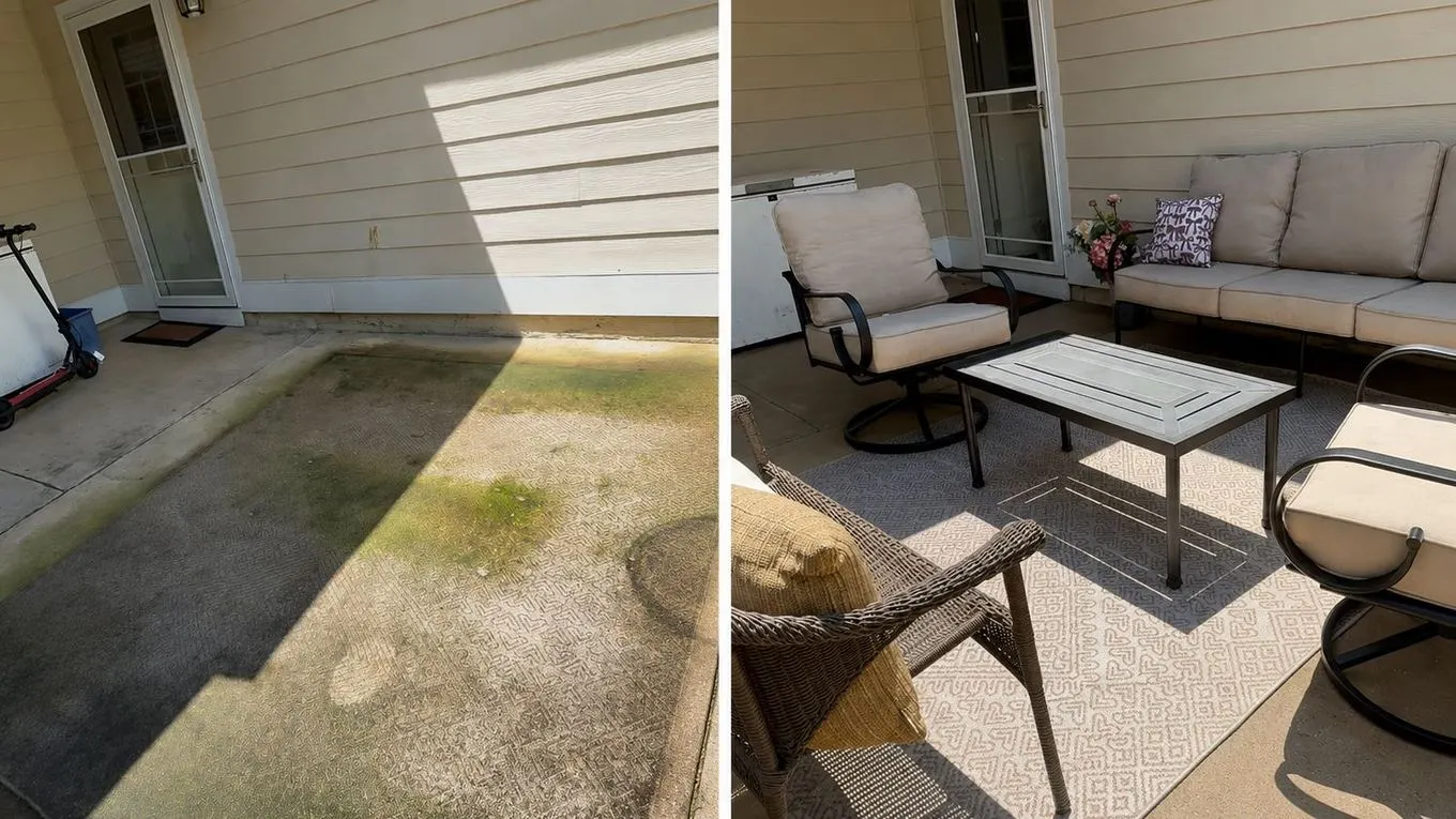 Back patio before and after cleaning, with furniture back in place