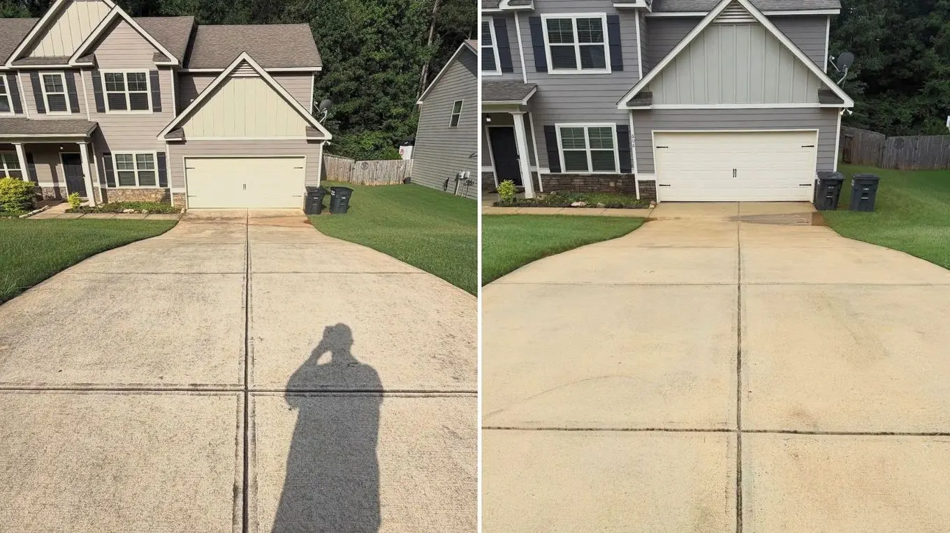 Concrete driveway before and after an even, wand-mark-free cleaning