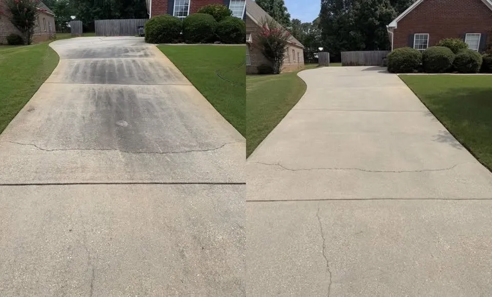 Long concrete driveway before and after cleaning