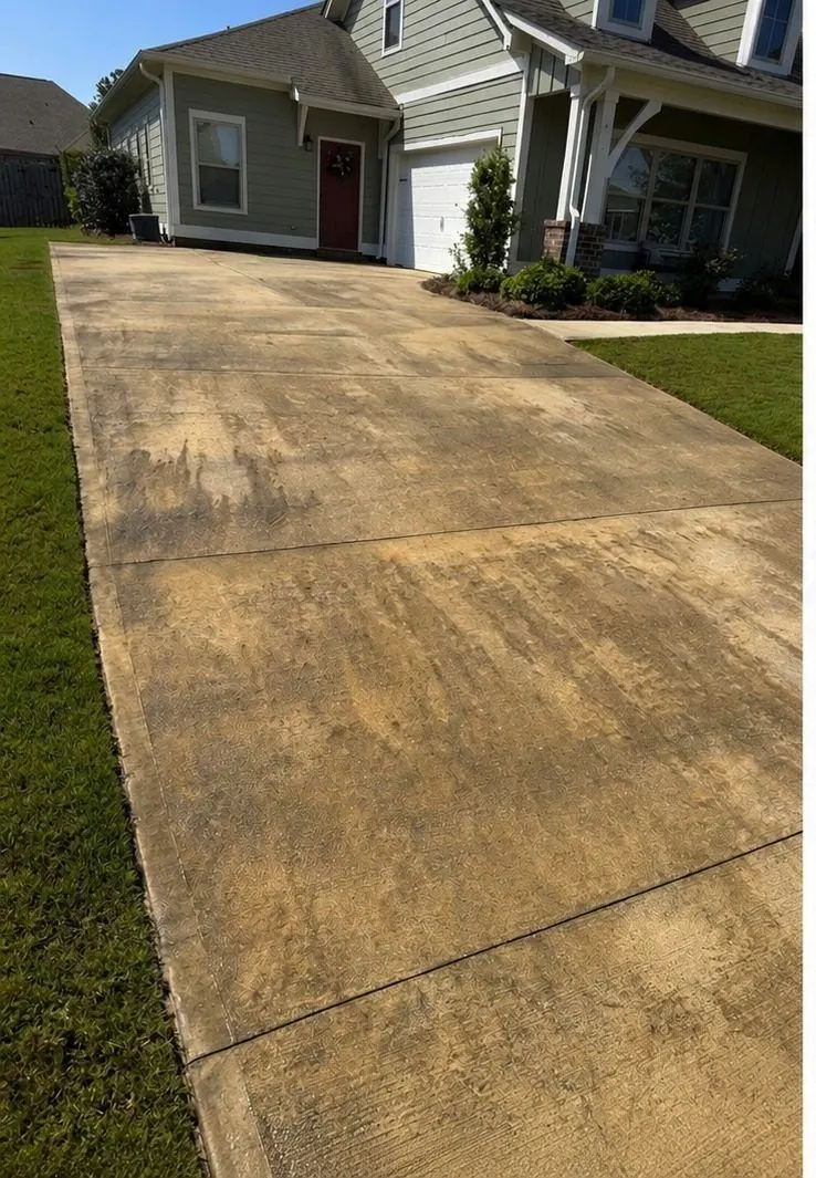 Before cleaning. Concrete driveway heavily darkened by organic growth, then cleaned