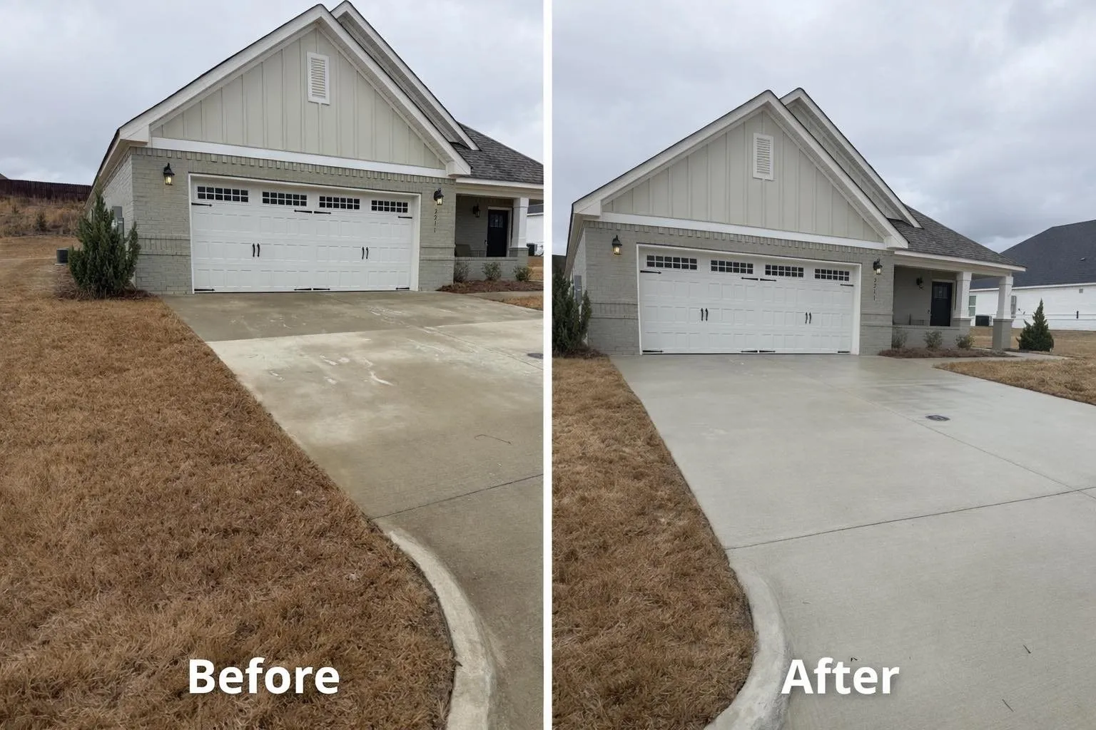 Driveway at a new build home before and after cleaning