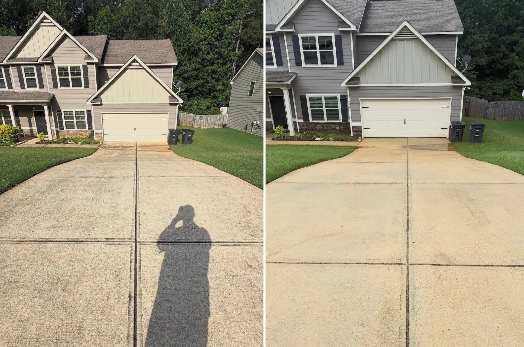 Two-car concrete driveway before and after cleaning