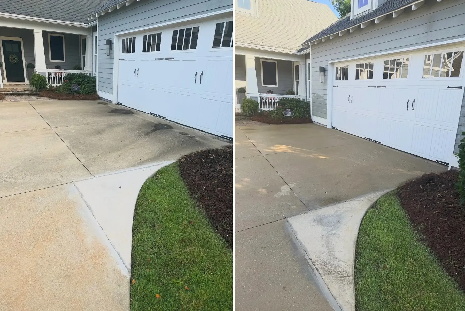 Driveway, apron, and front walkway before and after cleaning