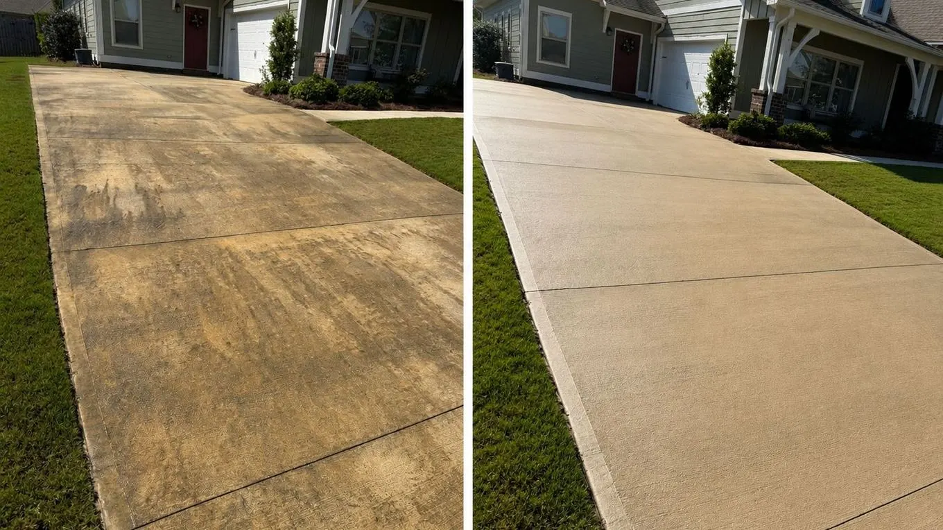 Shaded concrete driveway before and after cleaning