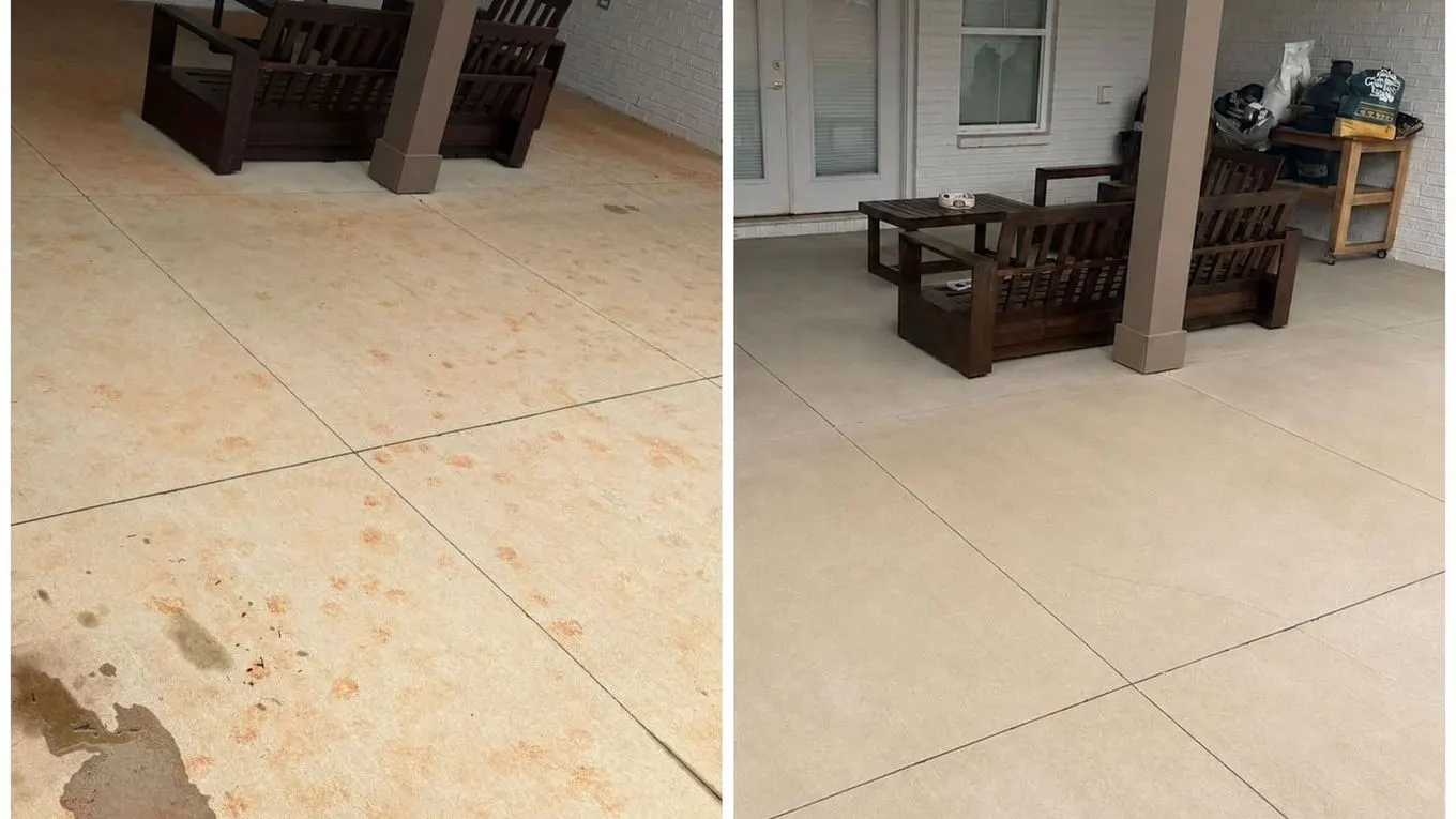 Covered porch slab with spotting, before and after cleaning