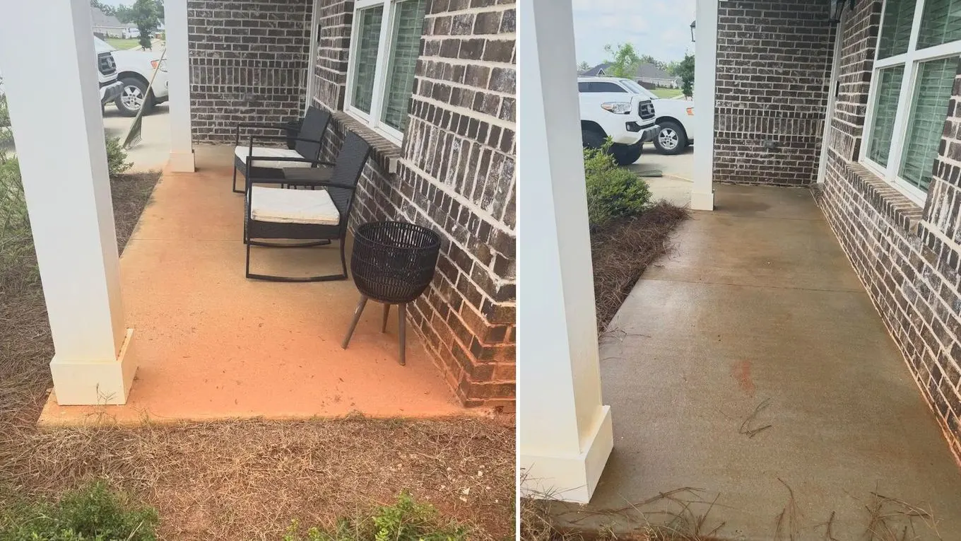 Brick home front porch stained with clay, before and after cleaning