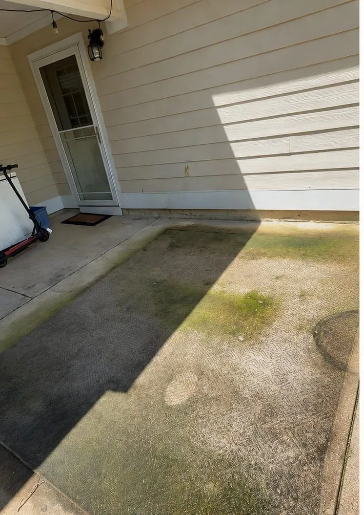 Before cleaning. Back patio covered in green algae, then cleaned and furnished
