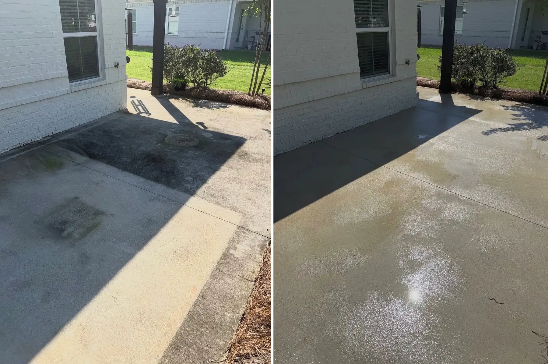 Concrete patio beside a white brick home before and after cleaning