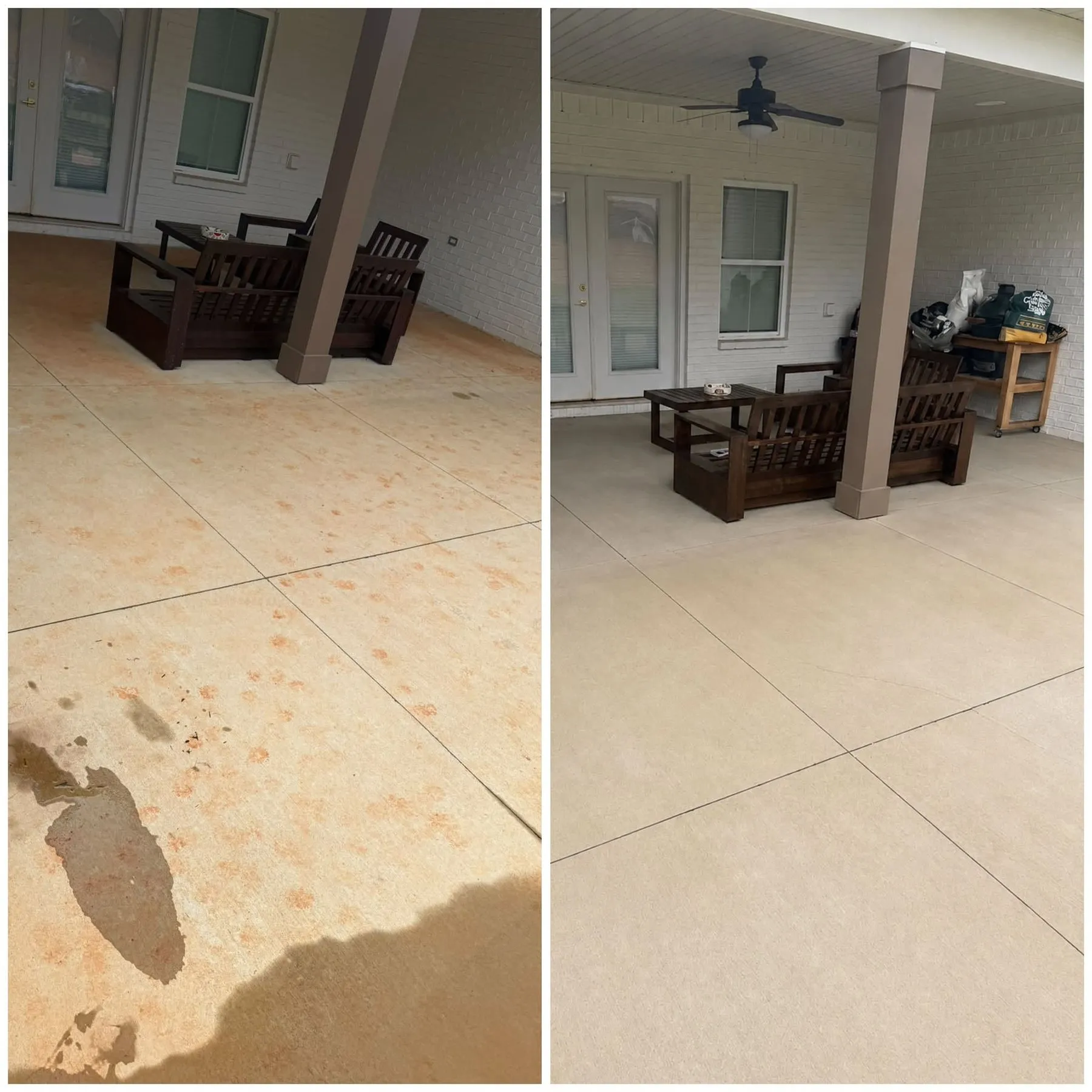 Covered patio slab with red clay spotting before and after cleaning