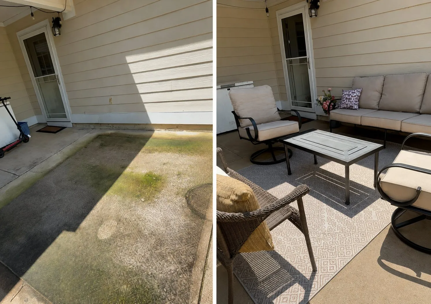 Concrete patio covered in green algae before and after cleaning
