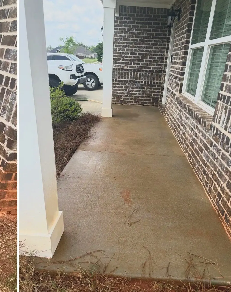 After cleaning by East Alabama Surface Clean. Front porch slab at a brick home stained with clay, then cleaned