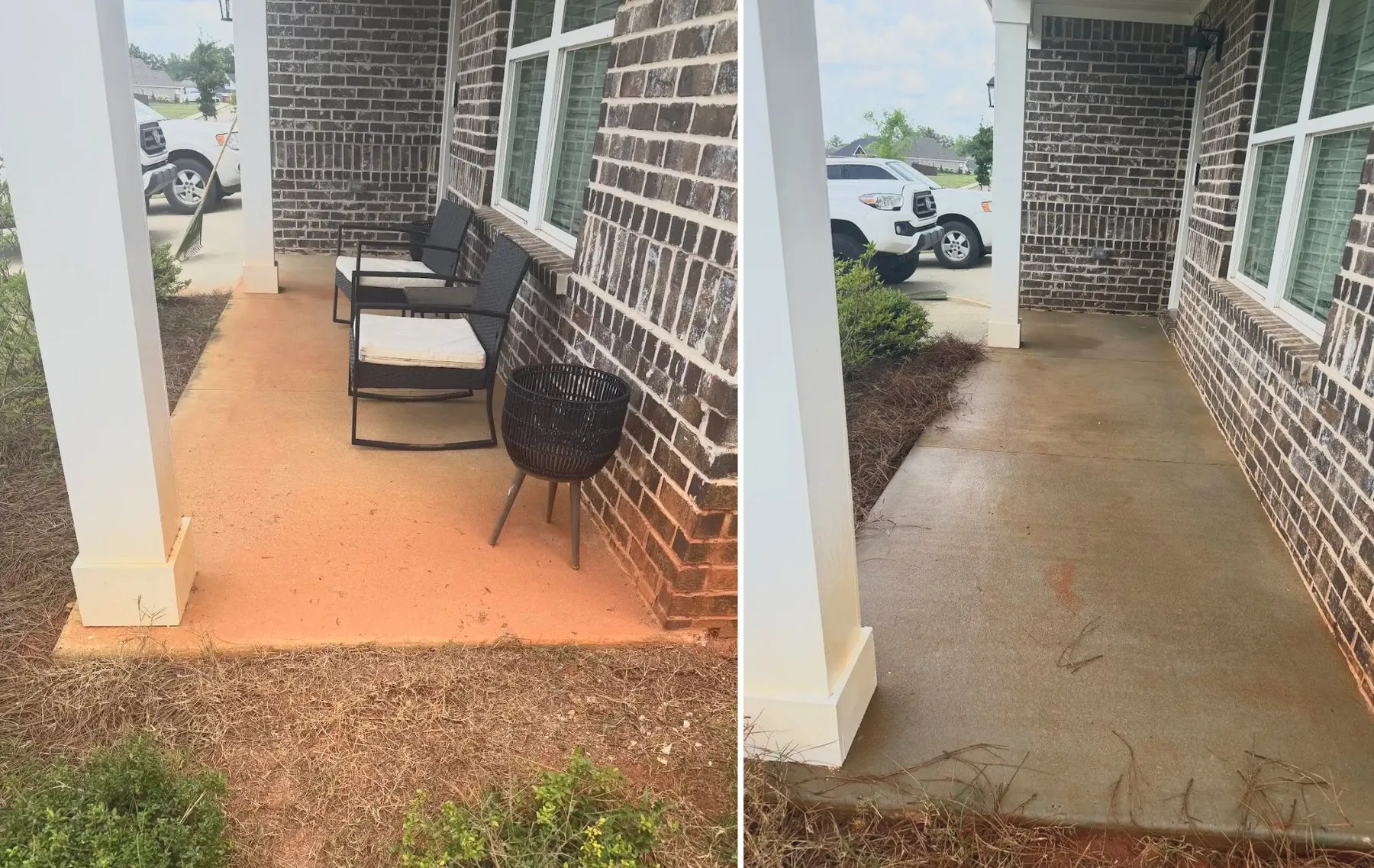 Front porch concrete with red clay staining before and after cleaning