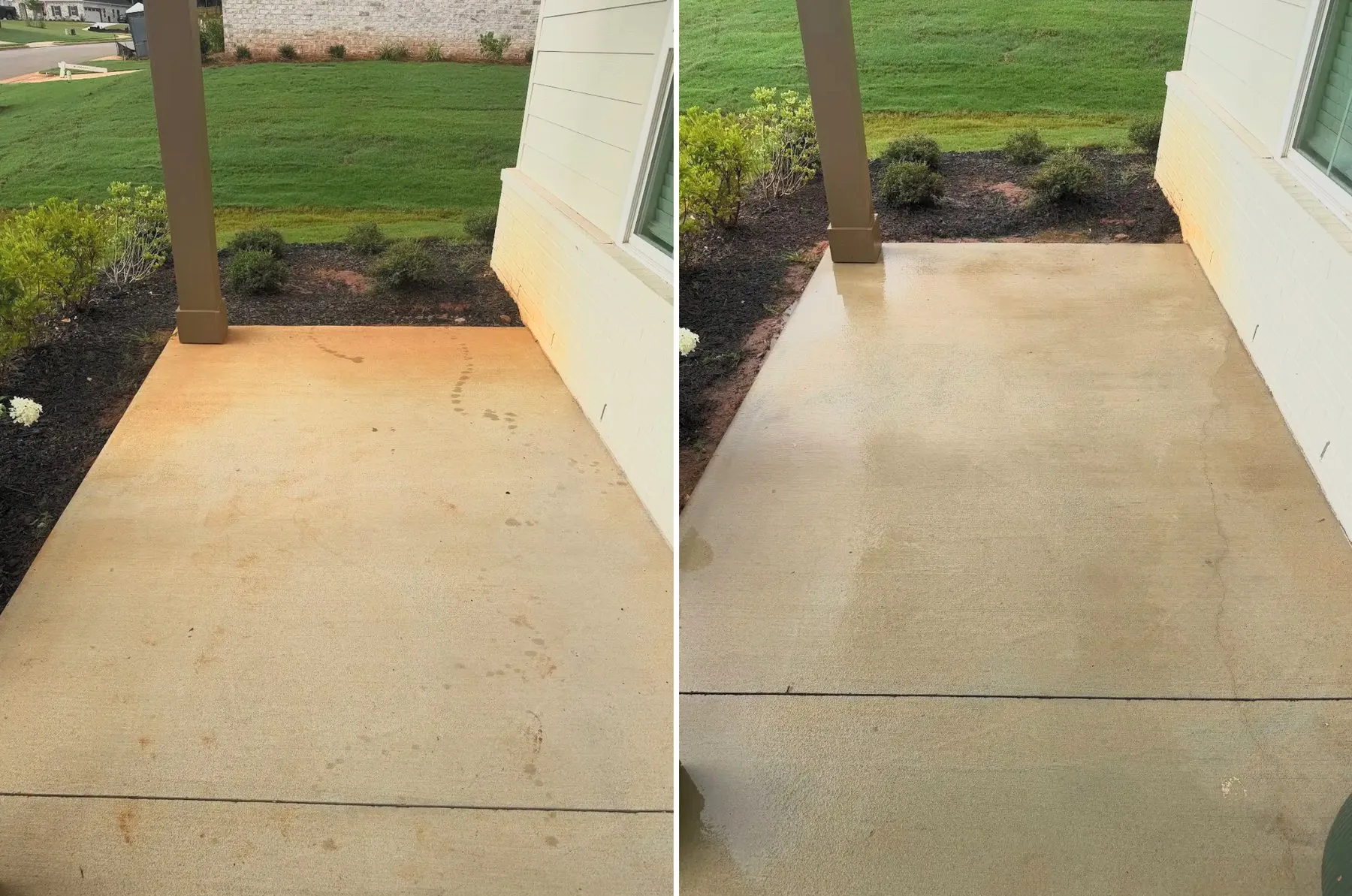 Covered porch slab before and after cleaning