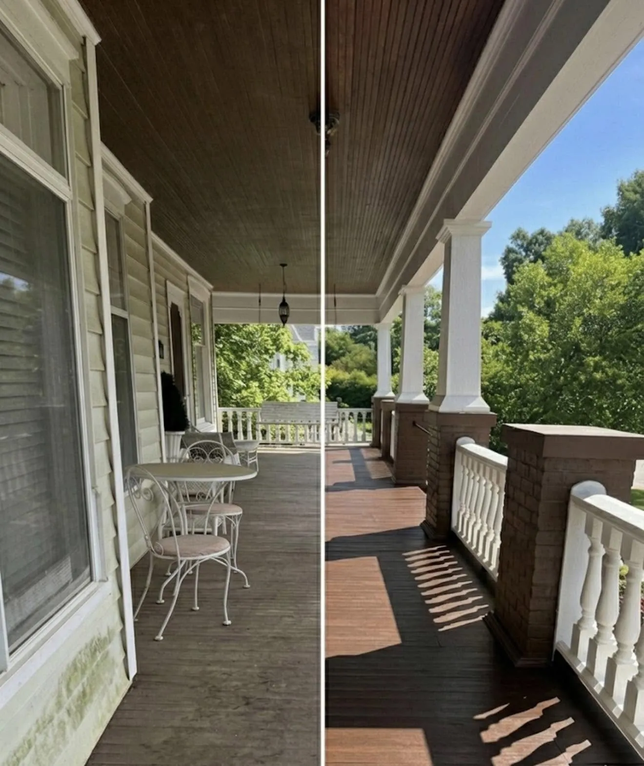 Wood porch floor and railings before and after cleaning
