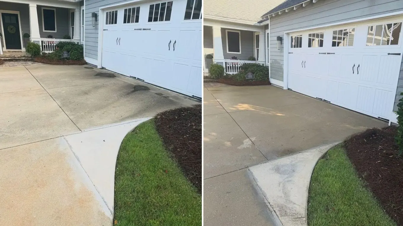 Driveway and side walkway before and after cleaning
