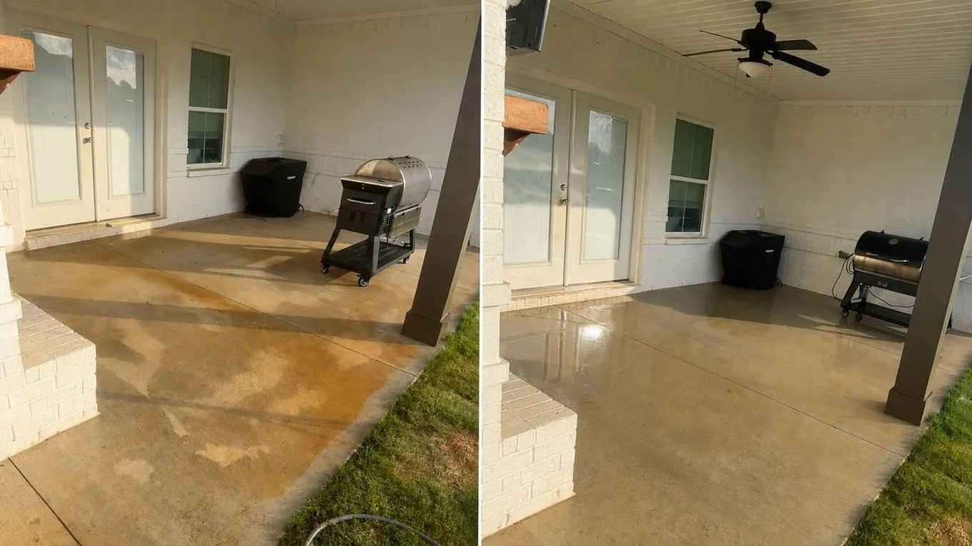 Covered porch slab stained orange with red clay, before and after cleaning
