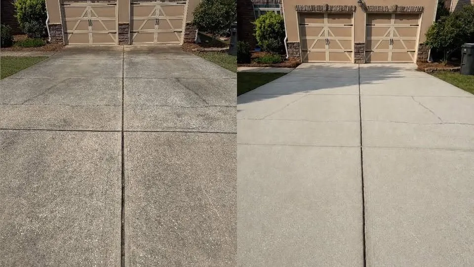 Driveway apron in front of a double garage before and after cleaning