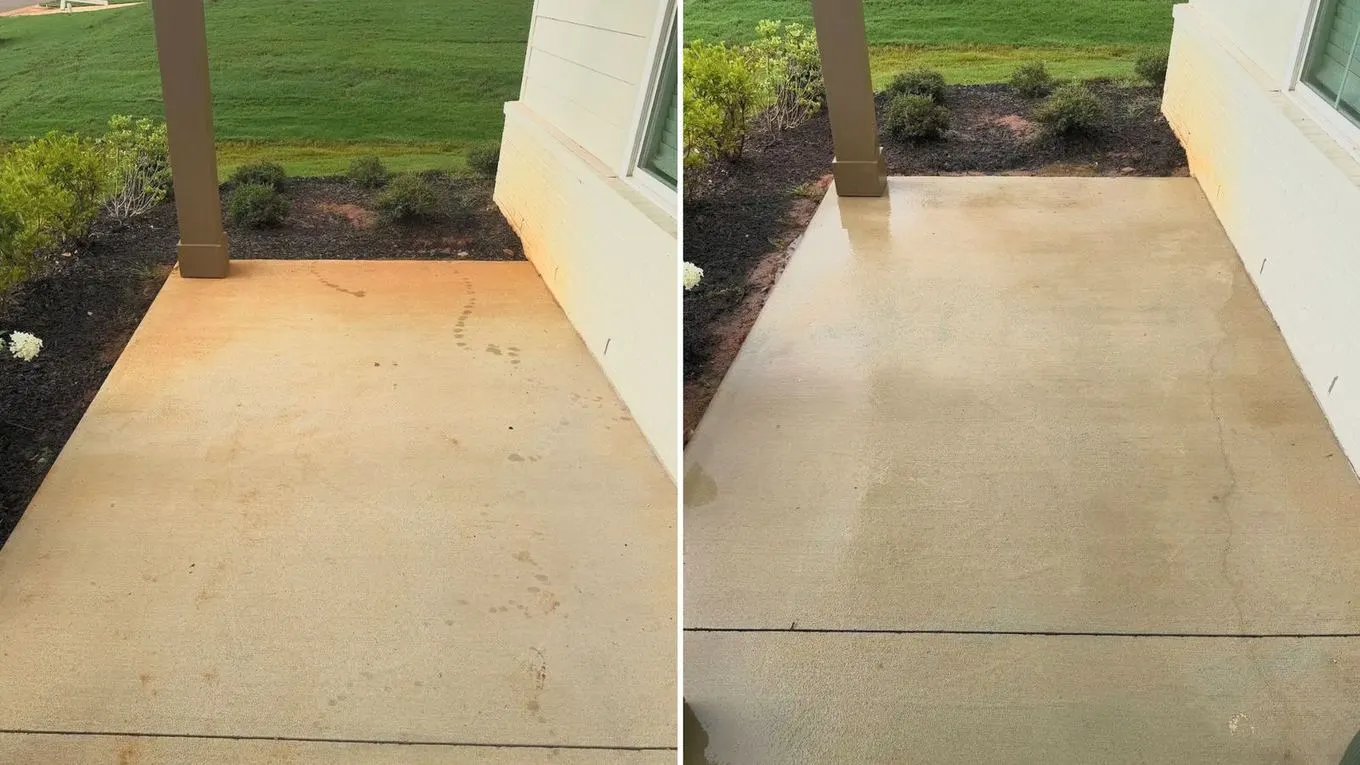 Concrete apron discolored by clay, before and after professional cleaning