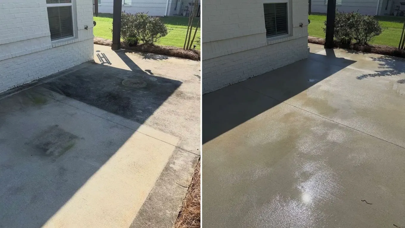 Shaded concrete patio covered in green growth, before and after cleaning