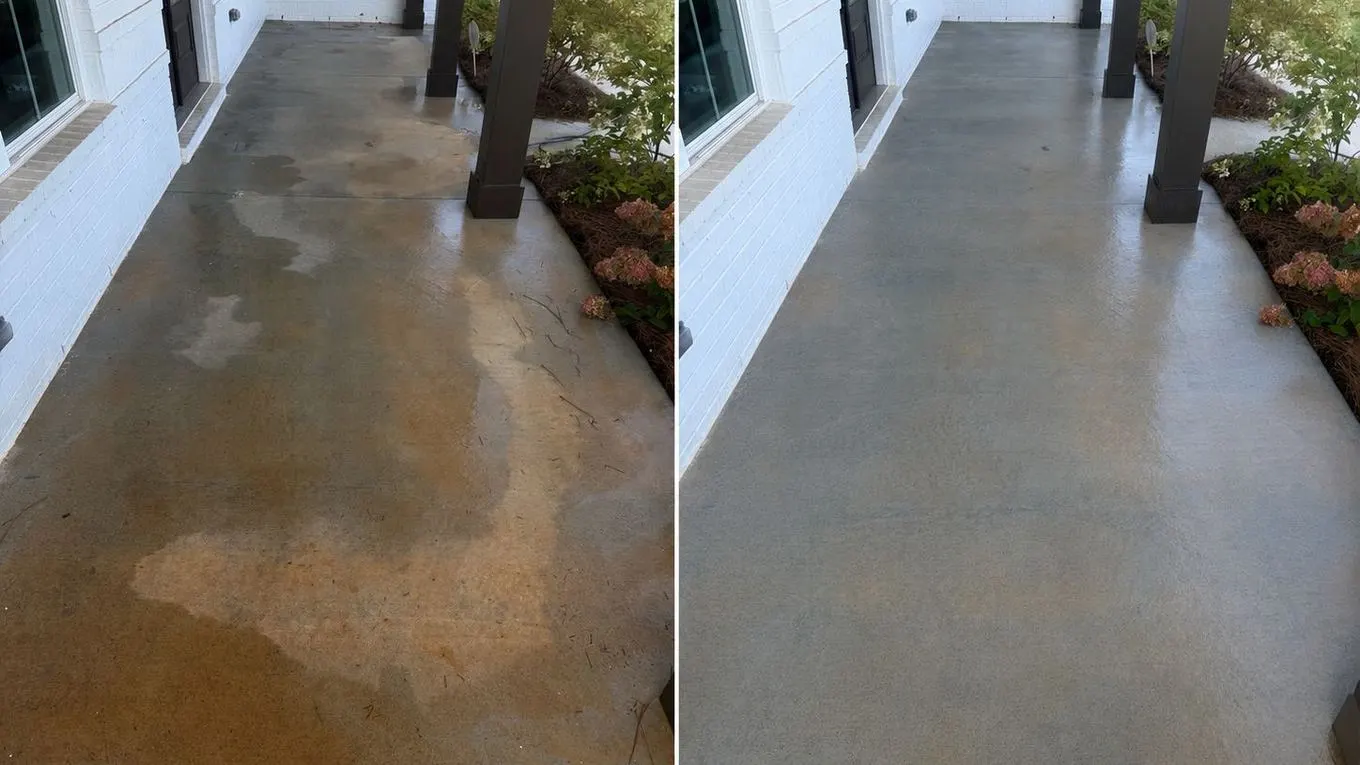 Covered walkway with heavy clay staining, before and after cleaning
